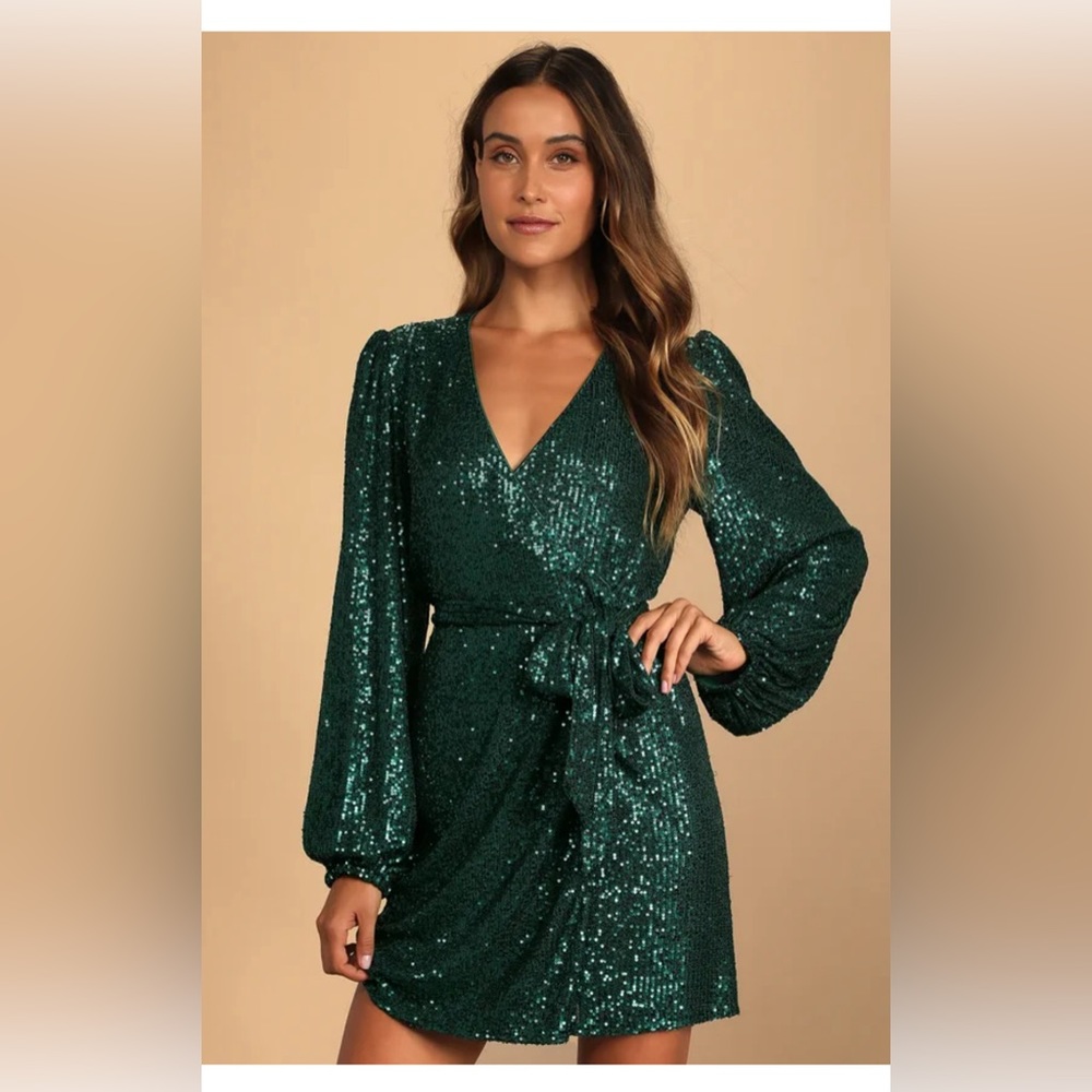 Lulu's Emerald Green Sequin Long Sleeve Wrap Dress